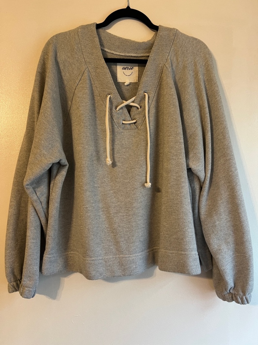 aerie Gray Lace-Up V-Neck Pullover Sweater